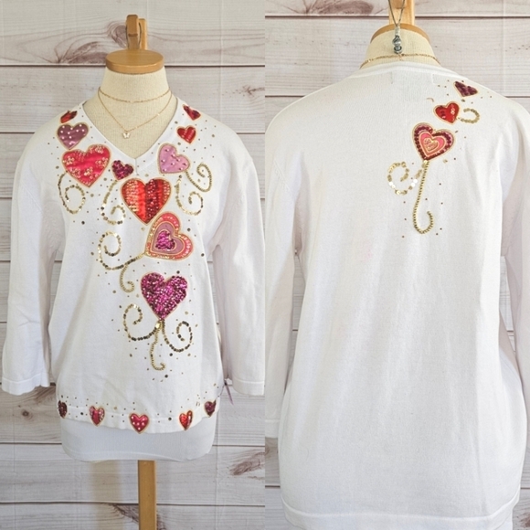 Vintage Terazzo Beaded and Embroidered Valentine's Day Sweater in White Sz Large - Picture 12 of 12